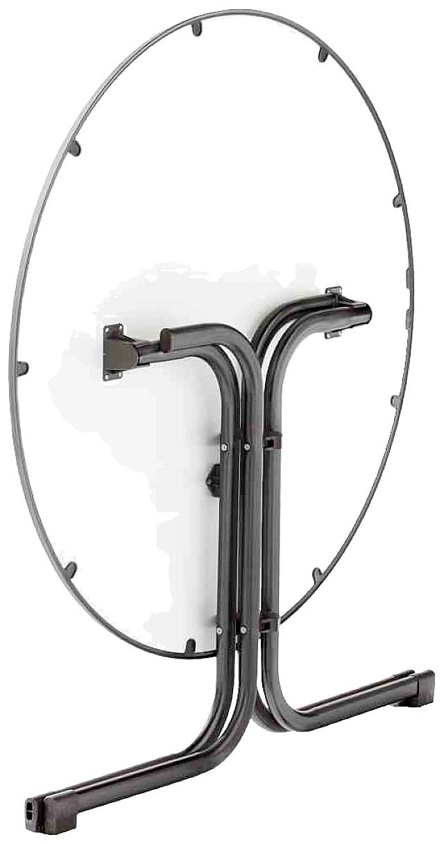 Ein runder Basketballkorb ohne Netz, befestigt an einem Metallgestell. Das Gestell hat eine starke und stabile Doppelstütze am Boden.