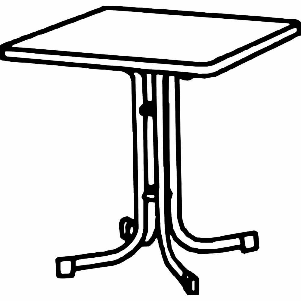Ein Tisch mit quadratischer Platte und gebogenem Metallgestell. Ideal für Essbereiche oder Cafés.