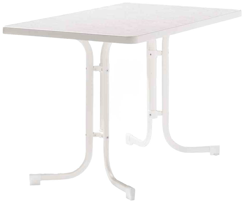 Ein rechteckiger, weißer Tisch mit geschwungenen Beinen. Ideal für den Außenbereich.