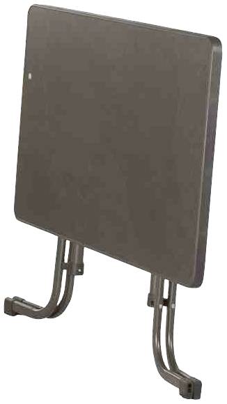 Ein zusammengeklapptes, rechteckiges, braunes Tischbein mit zwei U-förmigen Stützen, das an eine Wand lehnt.