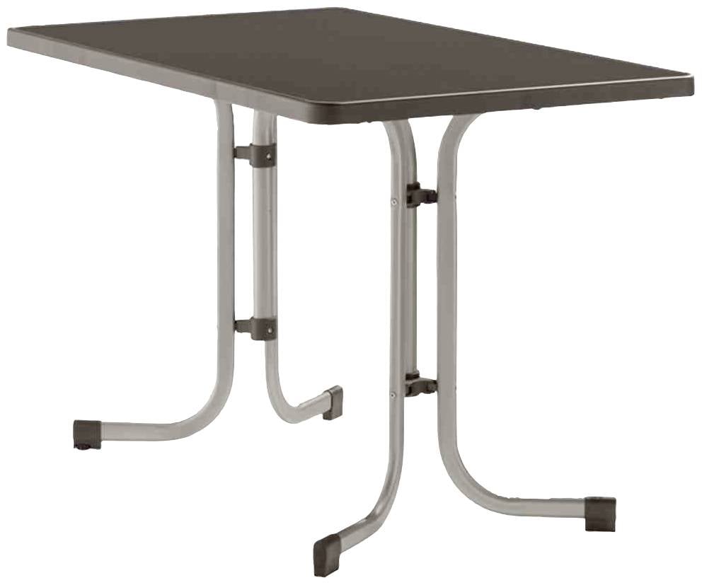 Ein rechteckiger Tisch mit dunkler Tischplatte und silbernem Metallgestell, das mit gebogenen Beinen Stabilität bietet.