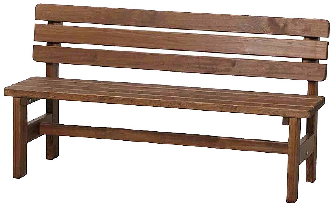 Eine einfache Holzbank mit Rückenlehne.
