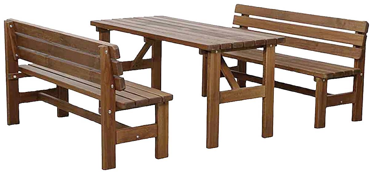 Holzgarnitur bestehend aus einem rechteckigen Tisch und zwei passenden Bänken mit Rückenlehnen.
