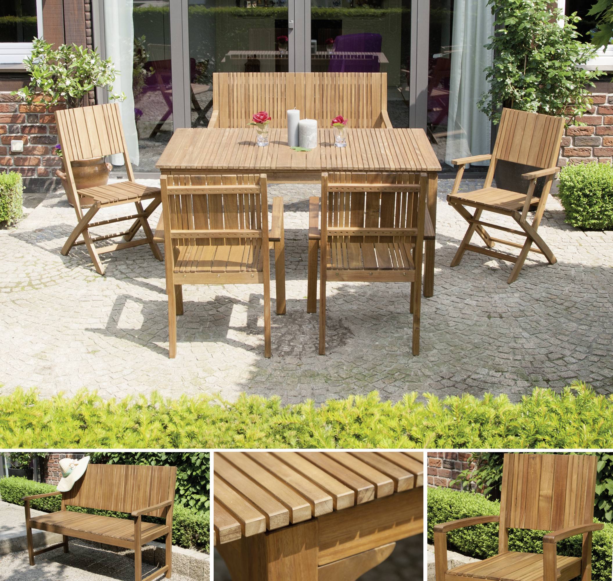 Holzgarnitur auf einer Terrasse mit Tisch und vier Stühlen, umgeben von Pflanzen. Geeignet für Essbereiche im Freien.