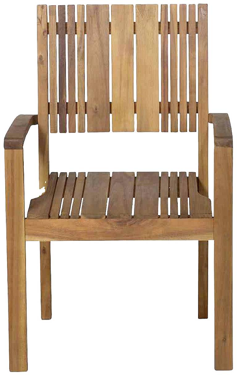 Holzstuhl mit vertikalen Latten auf Rückenlehne und Sitzfläche, Armlehnen beidseitig, geeignet für Esszimmer oder Terrasse.