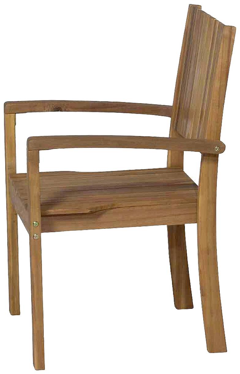 Ein hölzerner Stuhl mit gerader Rückenlehne und Armlehnen, aus dunklem Holz gefertigt. Ideal für Esszimmer oder Terrasse.