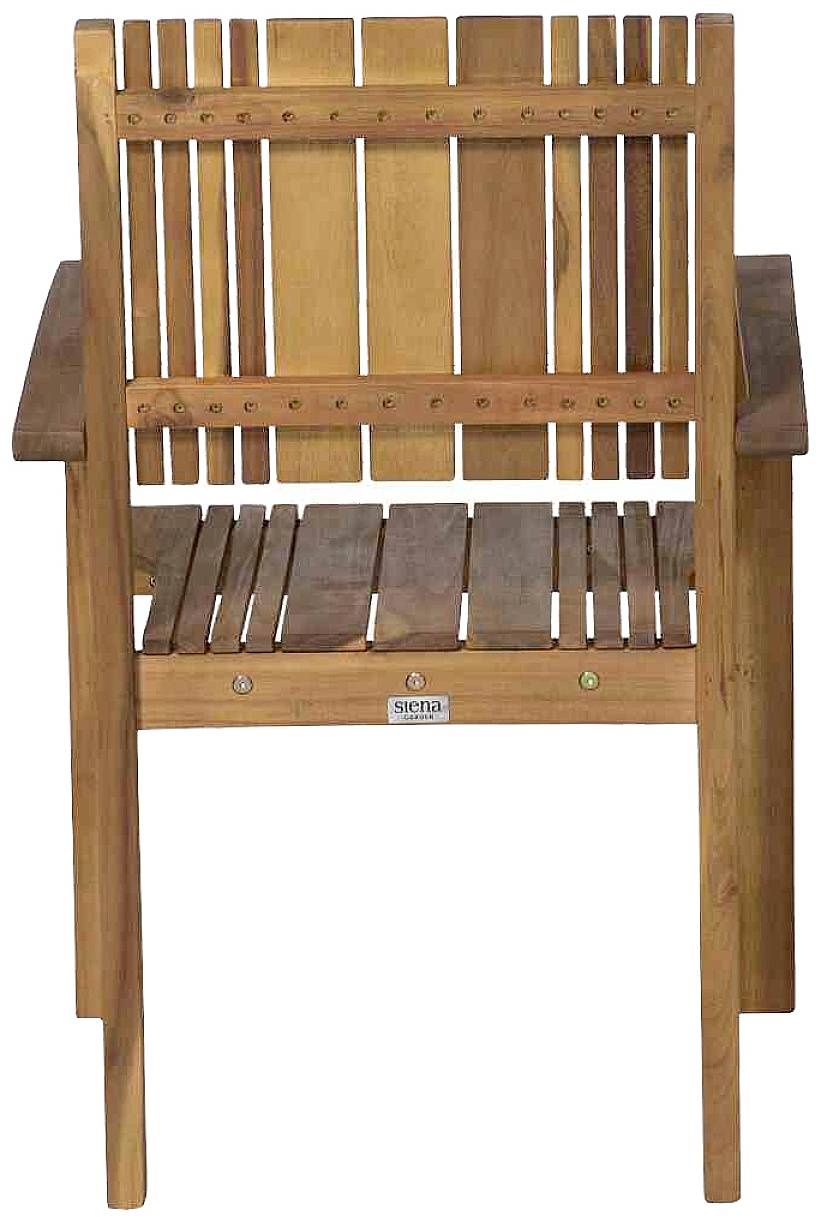 Ein hölzener Stuhl mit vertikalen Lamellen in der Rückenlehne und auf der Sitzfläche. Geeignet für Garten- oder Terrassenbereich.