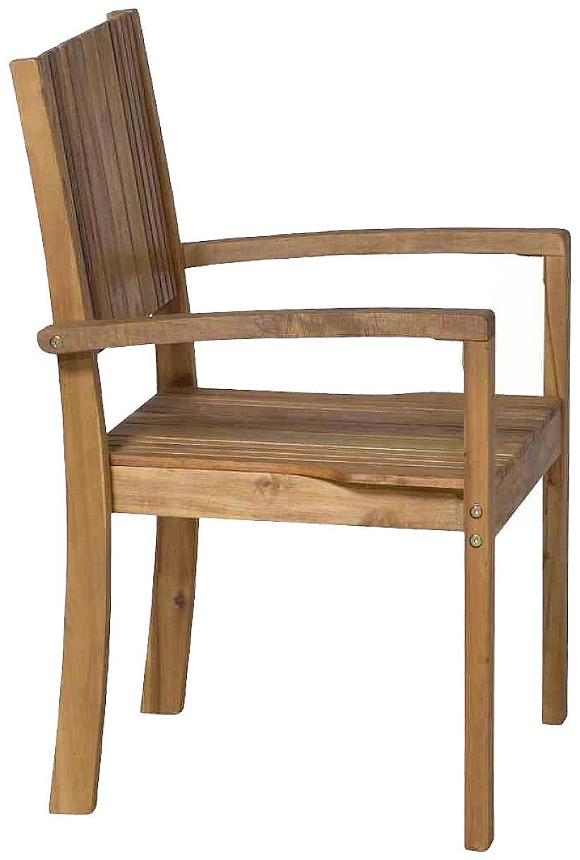 Ein einfacher Holzstuhl mit Armlehnen, geradlinigem Design und sichtbarer Holzmaserung.