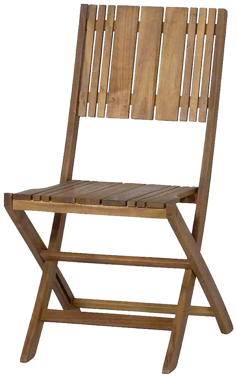 'Ein einfacher, zusammenklappbarer Holzstuhl mit gerader Rückenlehne und Lattenoptik, geeignet für den Innen- und Außenbereich.'