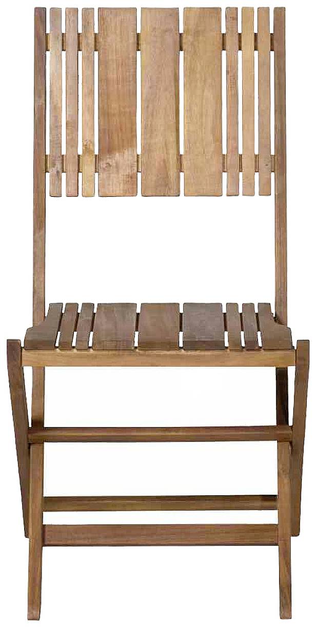 Ein einfacher Holzstuhl mit Lattenkonstruktion, ideal für Garten oder Terrasse, bietet eine natürliche, rustikale Ästhetik.