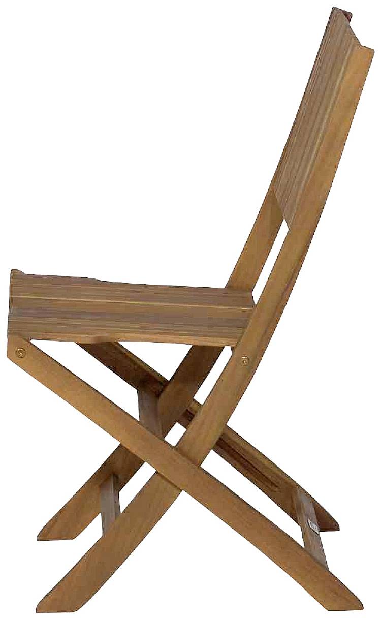 Ein Holz-Klappstuhl in Seitenansicht, zeigt klare Linien und funktionales Design. Ideal für den Einsatz in Innen- und Außenbereichen.