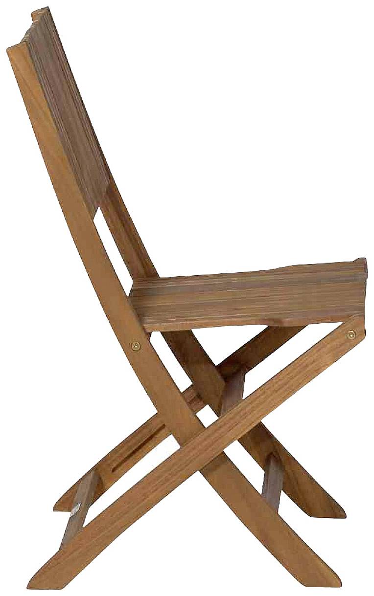 Holzklappstuhl seitlich gesehen, in zusammengeklapptem Zustand, geeignet für Innen- und Außenbereiche.