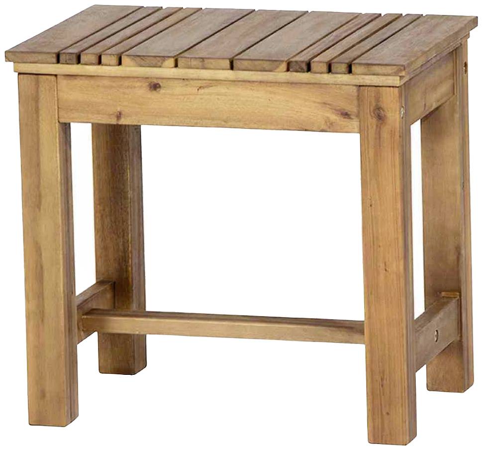 Holzhocker aus hellem Holz mit vier Beinen und einer glatten, rechteckigen Sitzfläche, geeignet für Innen- oder Außengebrauch.