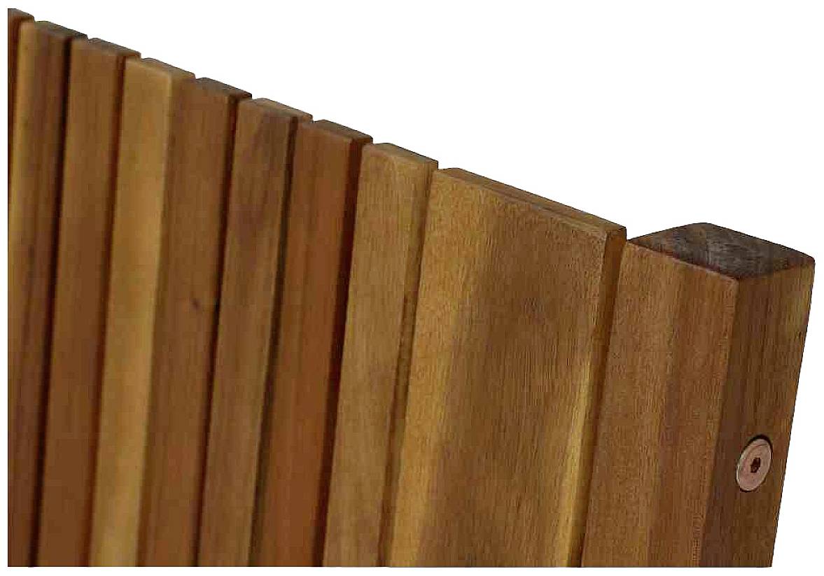 Holzlattenzaun aus vertikalen, unterschiedlich breiten Holzlatten.