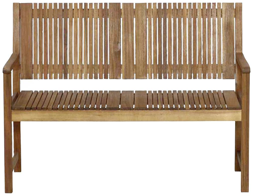 Eine schlichte hölzerne Gartenbank mit senkrechten Latten im Sitz- und Rückenbereich.