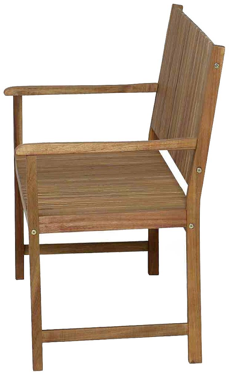 Holzstuhl mit Armlehnen und gerader Rückenlehne, seitliche Ansicht, zeigt minimalistisches Design und natürliche Holzmaserung.