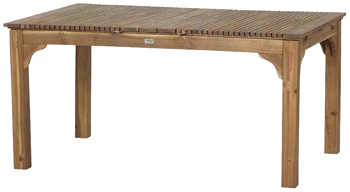 Holztisch mit Strebenmuster auf der Tischplatte, rechteckig, glatt und schlicht, ideal für Garten oder Balkon.