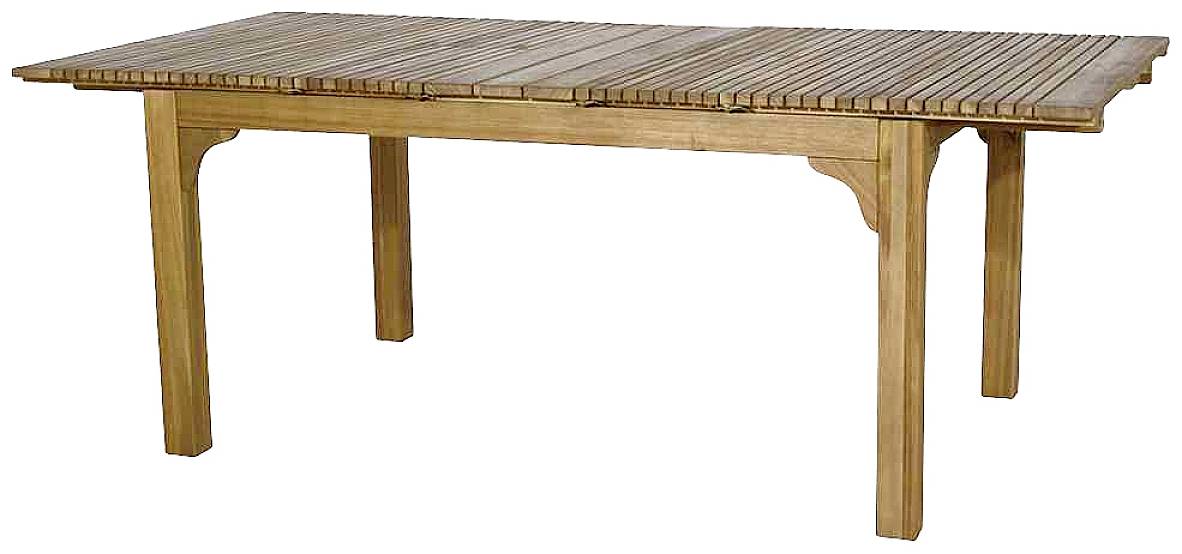 Ein Holztisch mit rechteckiger Form und vier Beinen. Die Tischfläche besteht aus gleichmäßig angeordneten Holzlatten.