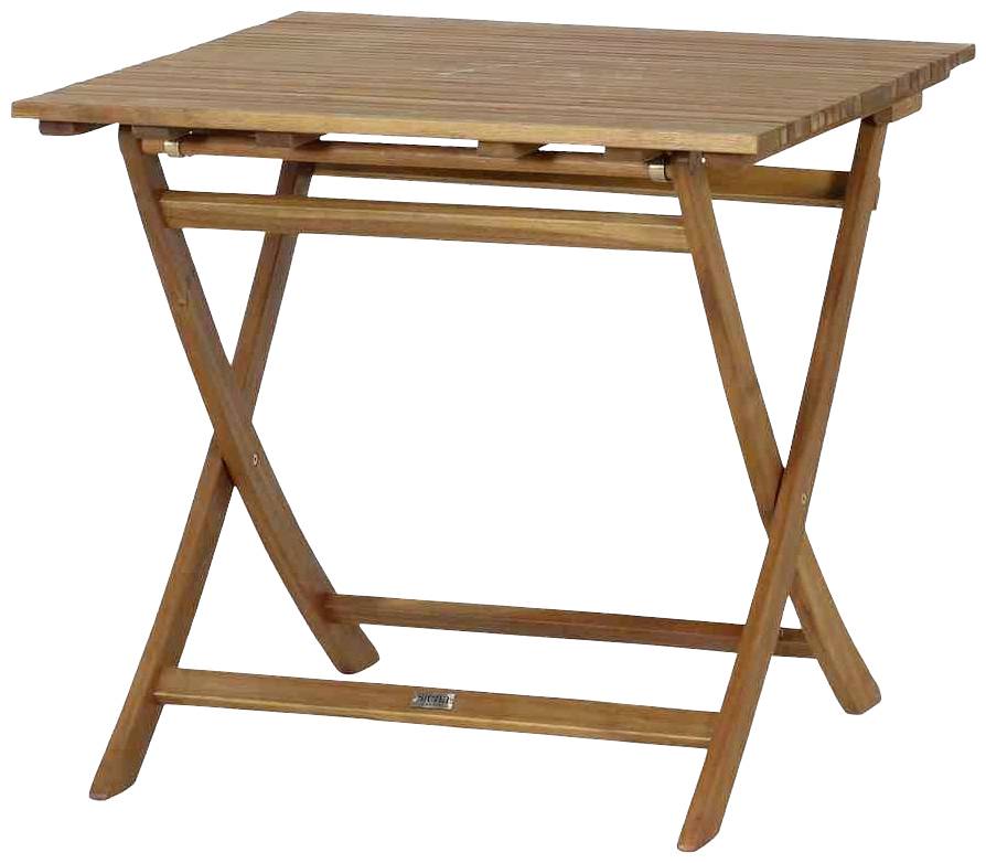 Ein klappbarer Holztisch mit rechteckiger Tischplatte und kreuzförmigen Beinen, geeignet für den Außenbereich.