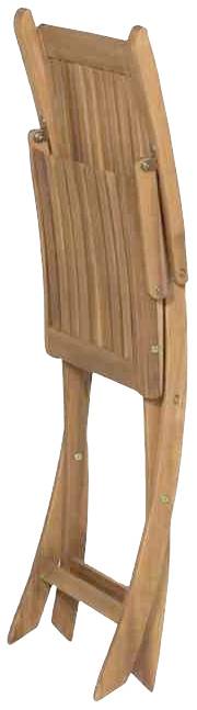 Klappbarer Holzstuhl in zusammengeklappter Position, geeignet für platzsparende Lagerung oder Transport. Ideal für Balkon oder Garten.