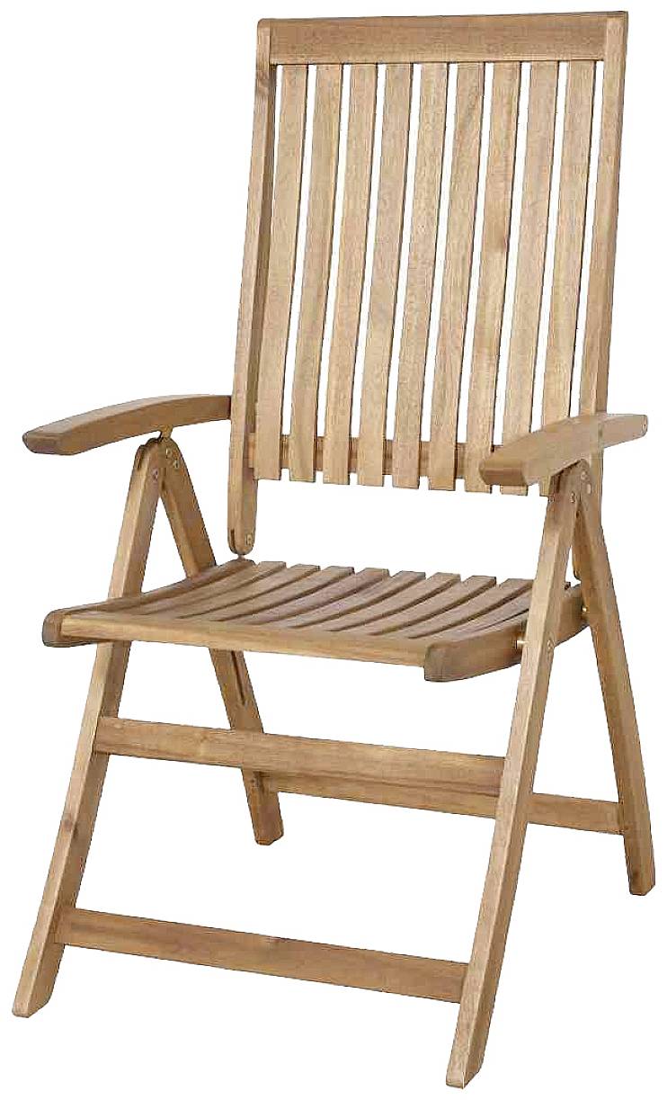Ein einfacher Holzklappstuhl mit gerader Lehne und Armlehnen, geeignet für den Außenbereich.
