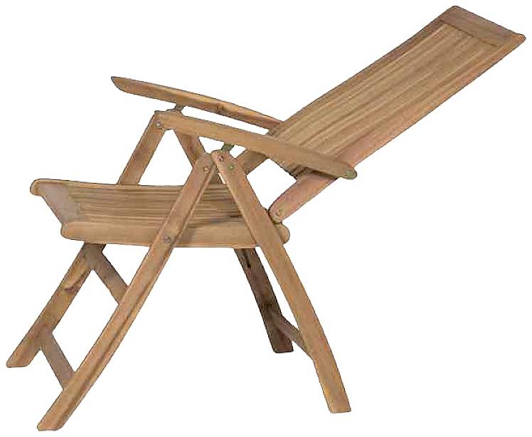 Ein faltbarer Holzliegestuhl mit Armlehnen, geeignet für den Außenbereich.