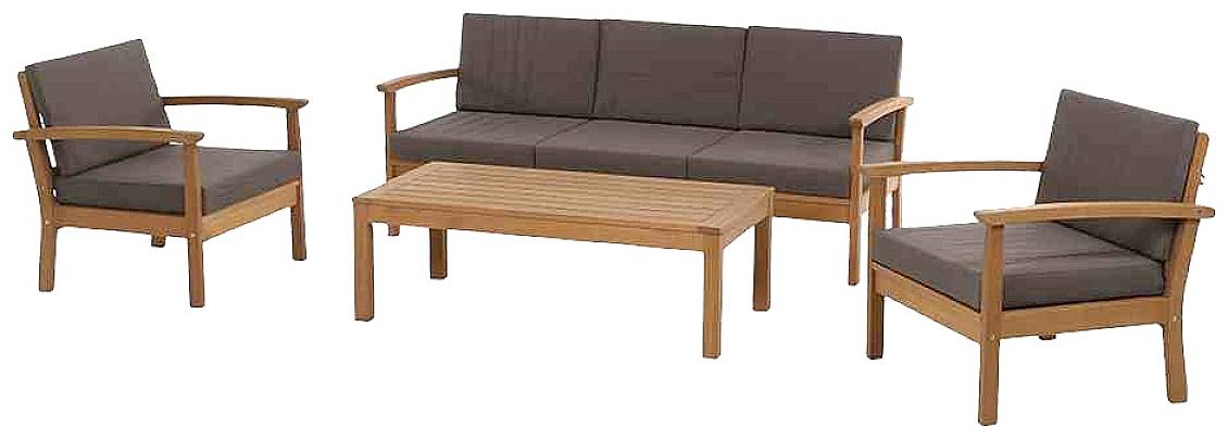 Holz-Gartenmöbel-Set mit einem rechteckigen Tisch, einem Dreisitzer-Sofa und zwei Sesseln. Alle Polster sind dunkelbraun.