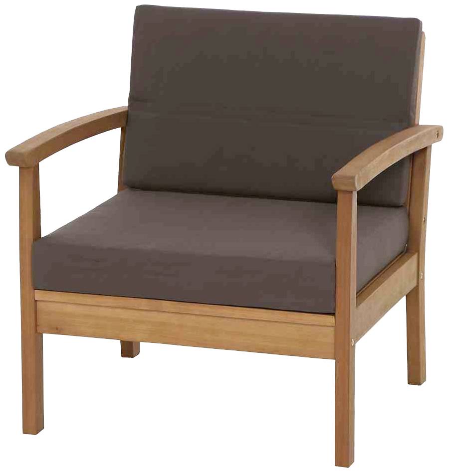Ein brauner Sessel mit Holzakzenten und Armlehnen, ideal für Wohnzimmer oder Terrassen.