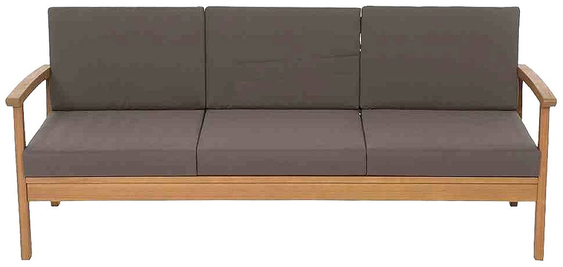 Ein dreisitziges Sofa mit braunen Polstern auf einem Rahmen aus hellem Holz. Ideal für Wohnzimmer oder Büros.