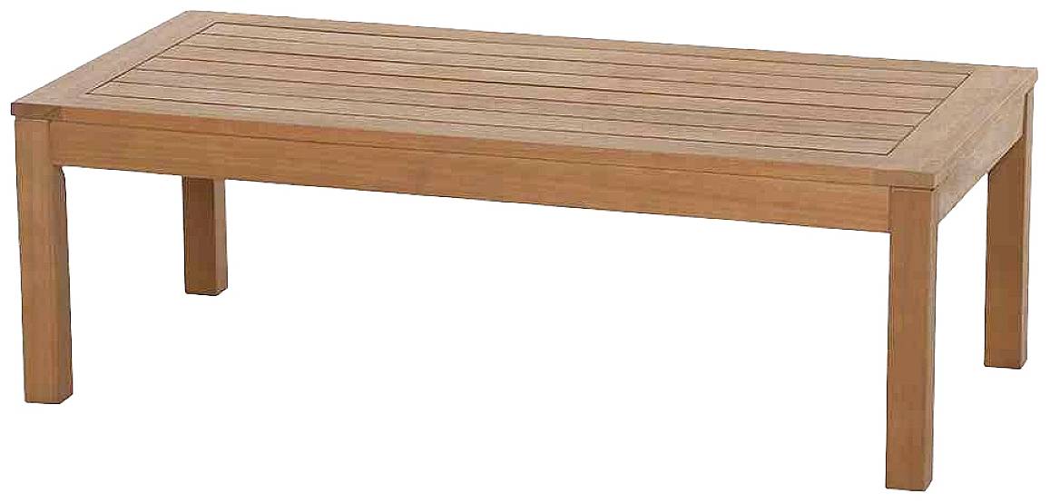 Rechteckiger Holztisch mit vier Beinen, geeignet für Innen- oder Außeneinsatz.