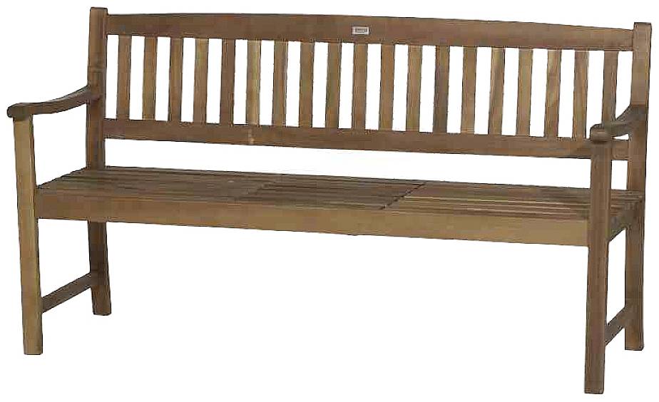 Eine Holzbank mit hoher Rückenlehne und Armlehnen, ideal für den Außenbereich.