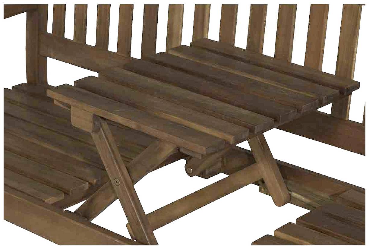 Holzbank mit einziehbarem Tisch in der Mitte, der als Ablage dient. Geeignet für Gärten oder Terrassen, robust und funktional.