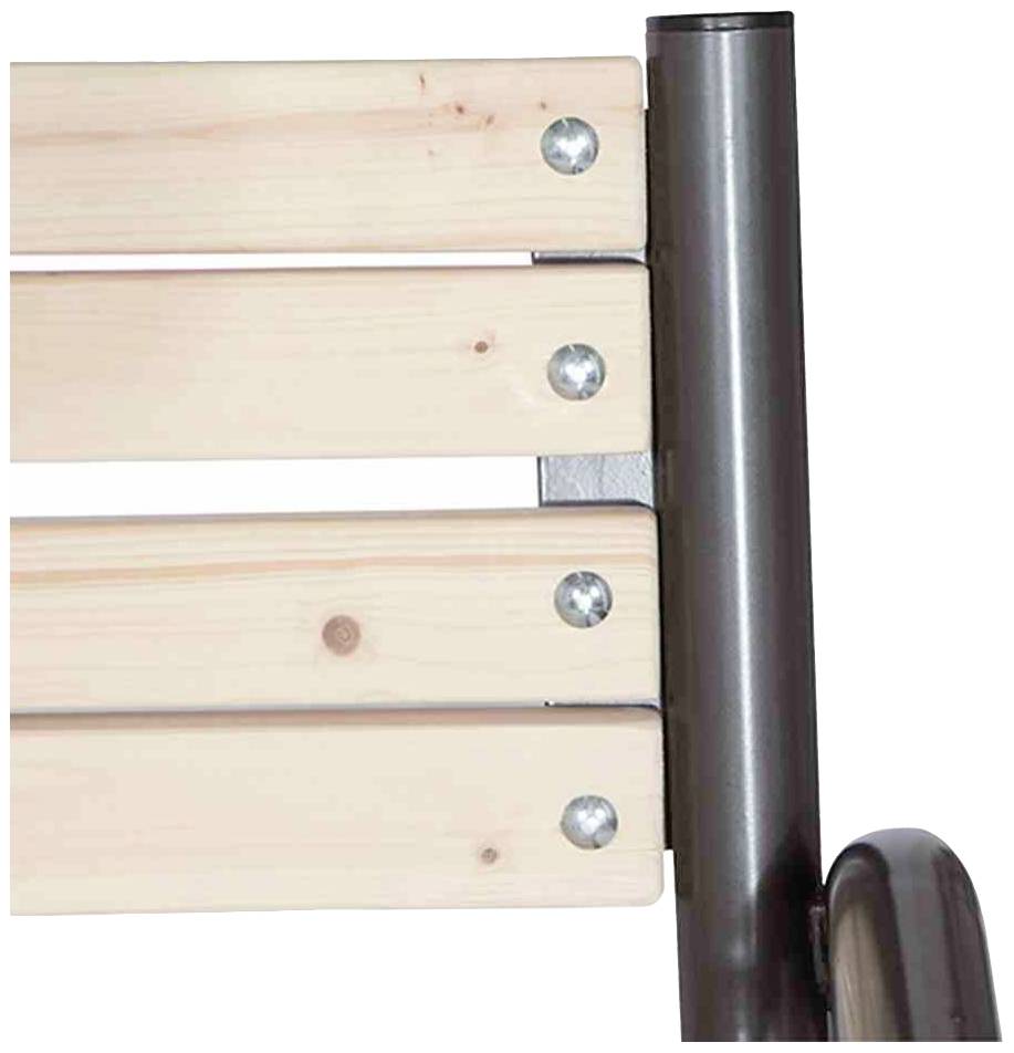 Holzbank mit drei Holzbrettern, die mit silbernen Schrauben an einem dunkelgrauen Metallrahmen befestigt sind.