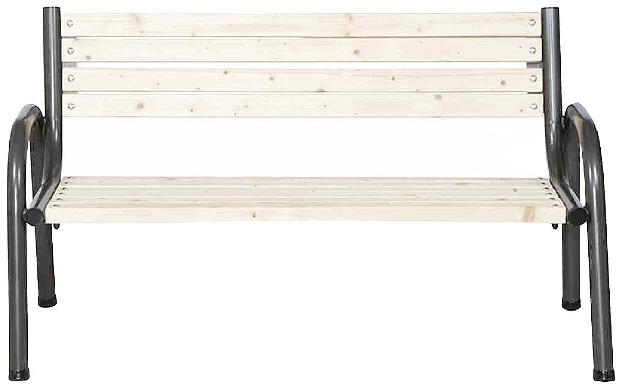 Hölzerne Parkbank mit schwarzen Metallbeinen, geeignet zum Sitzen im Freien.