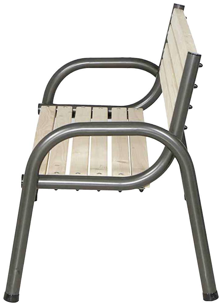 Holzbank mit Metallrahmen, seitlich betrachtet.