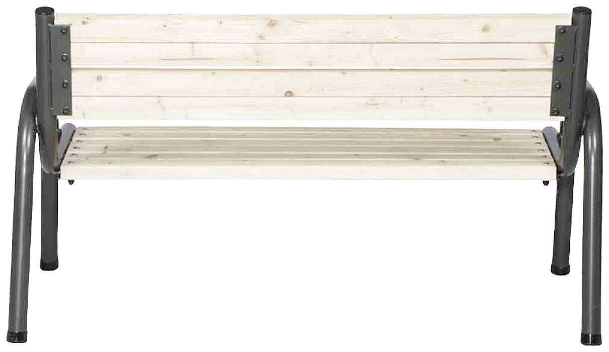 Holzbank mit Metallgestell vor weißem Hintergrund. Die Bank hat Armlehnen und Rückenlehne aus hellem Holz.
