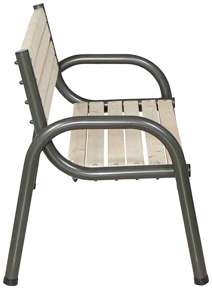 Parkbank aus Metall und Holz, seitliche Ansicht. Die Bank hat eine stabile Metallkonstruktion und hölzerne Sitz- und Rückenteile.