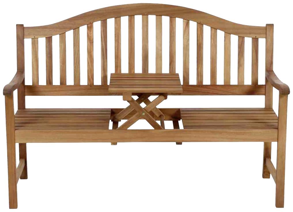Holzbank mit hoher Rückenlehne und eingebautem kleinem Tisch in der Mitte. Ideal für Garten oder Terrasse, bietet Sitzgelegenheiten für zwei Personen.