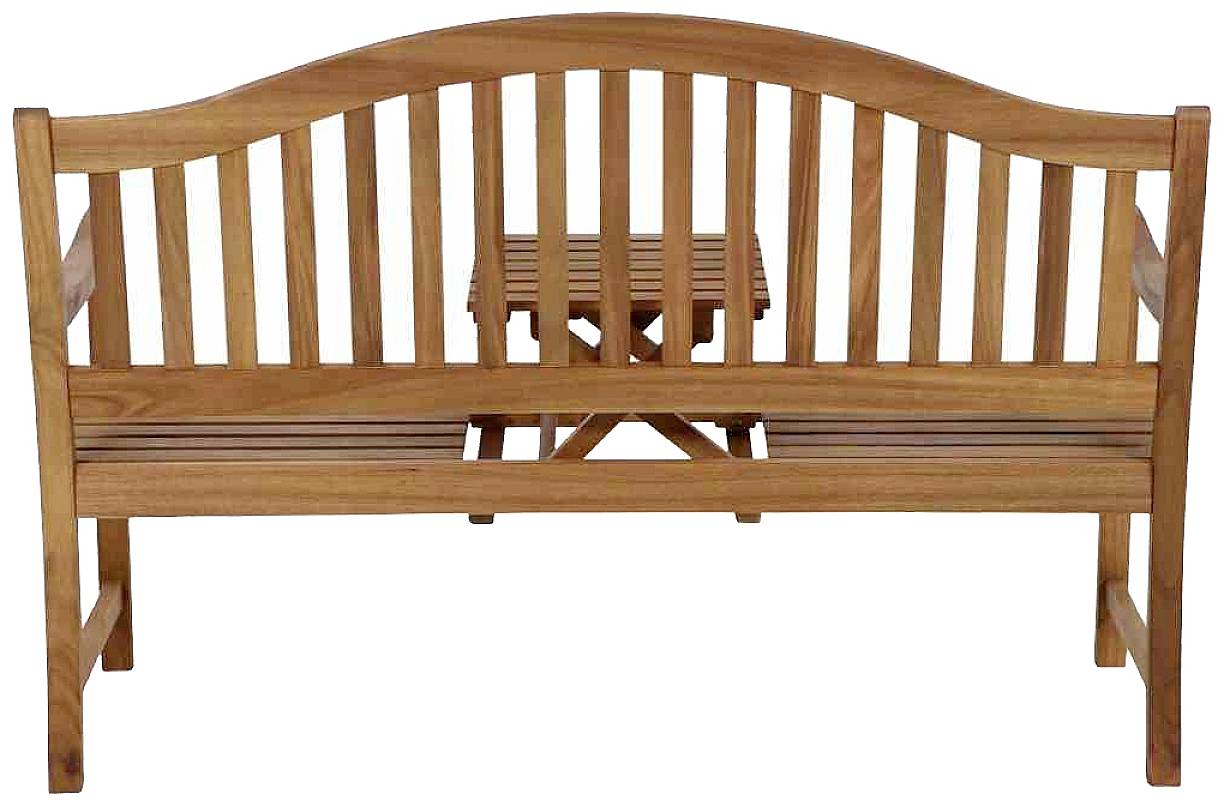Holzbank mit Lattenrückenlehne und integriertem mittigen Beistelltisch. Ideal für Garten- oder Terrassenbereiche.