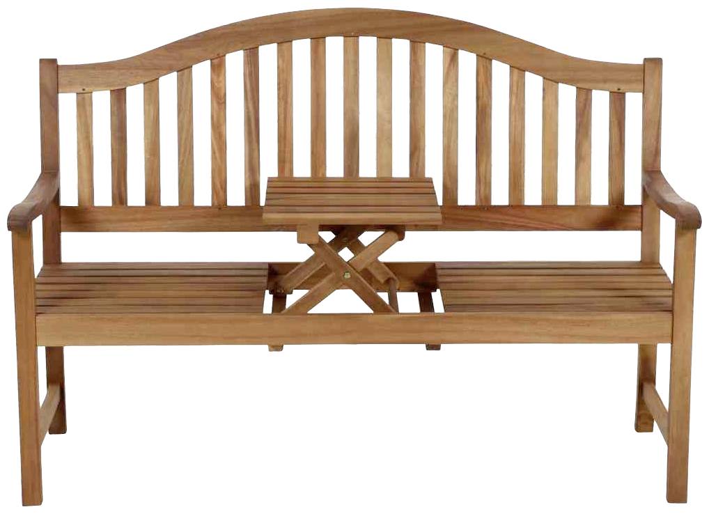 Holzbank mit zwei Sitzplätzen und integriertem Klapptisch in der Mitte, geeignet für den Außenbereich.