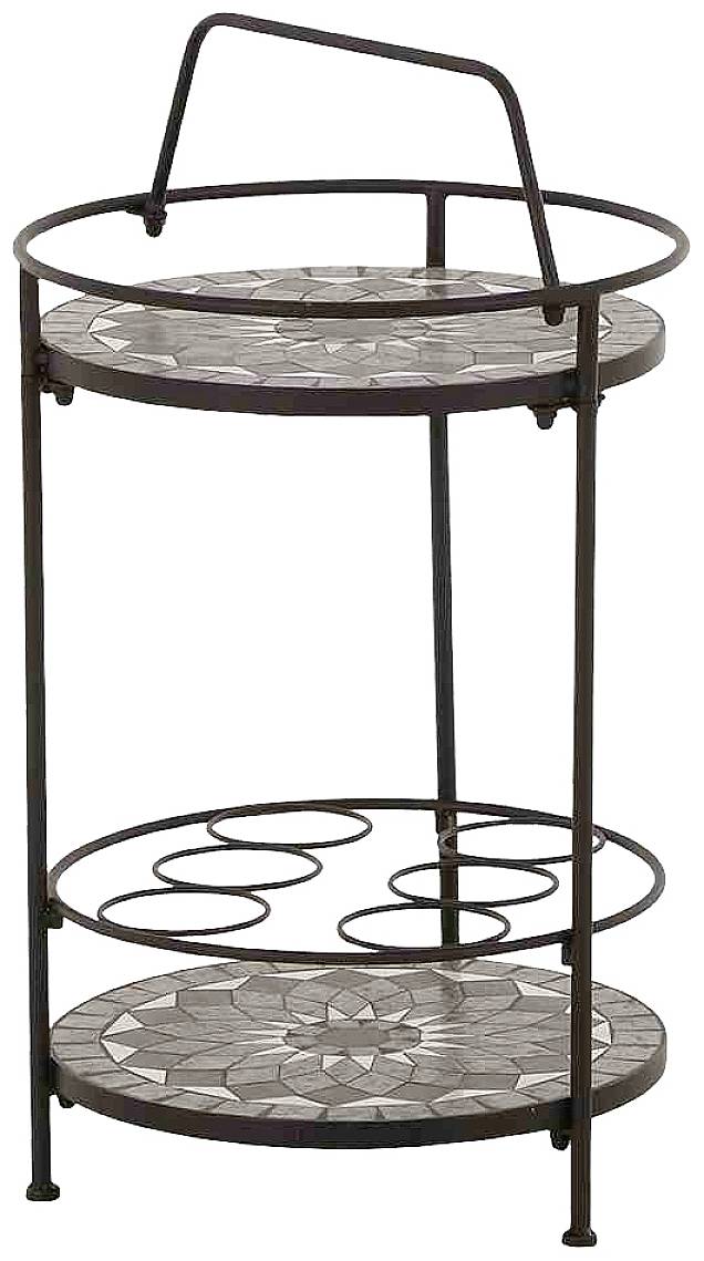 Ein kleiner, runder Beistelltisch mit zwei Ablageflächen und einem Griff, gestaltet mit Mosaikmuster; ideal für Getränke oder Dekoration.