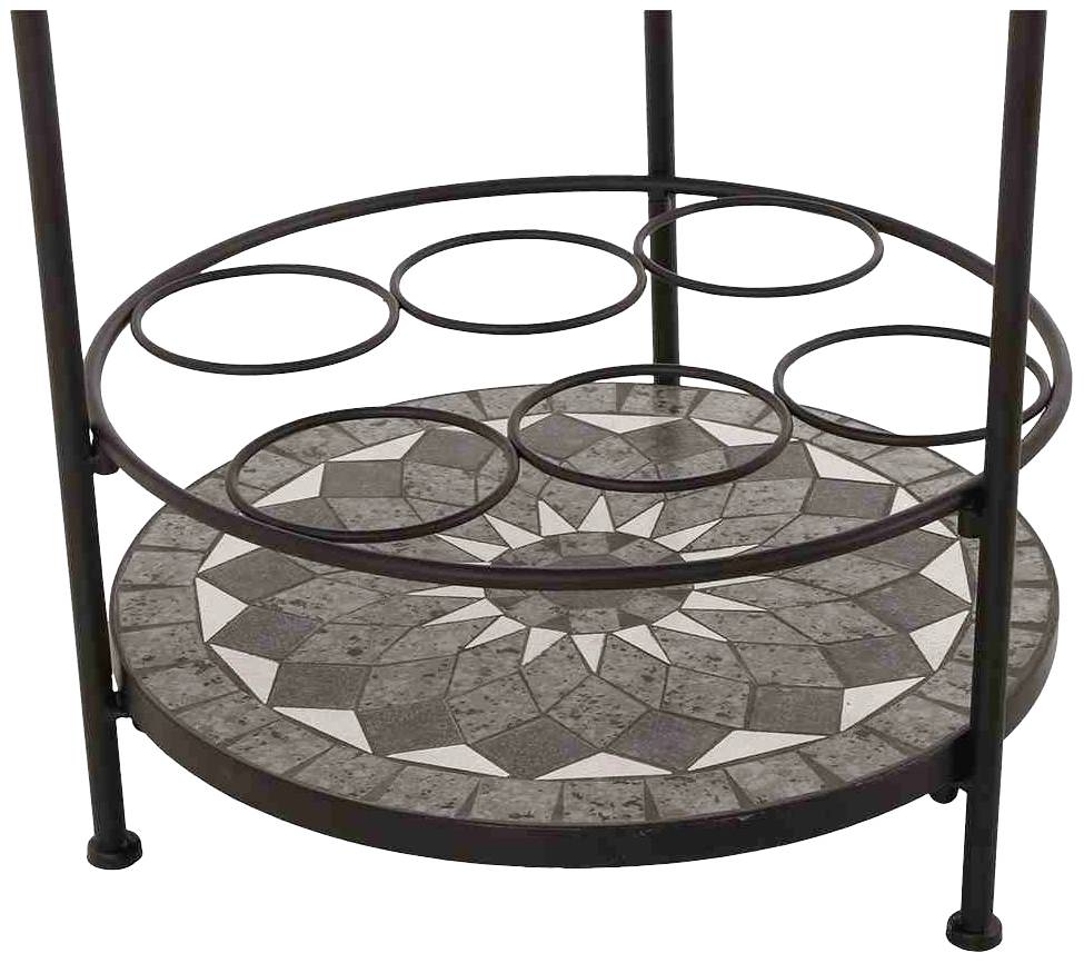 Runder Tisch mit Metallrahmen, Einlegeplatte mit Mosaikmuster, fünf Halterungen am Rand für Gläser oder Flaschen, Beine aus Metall.