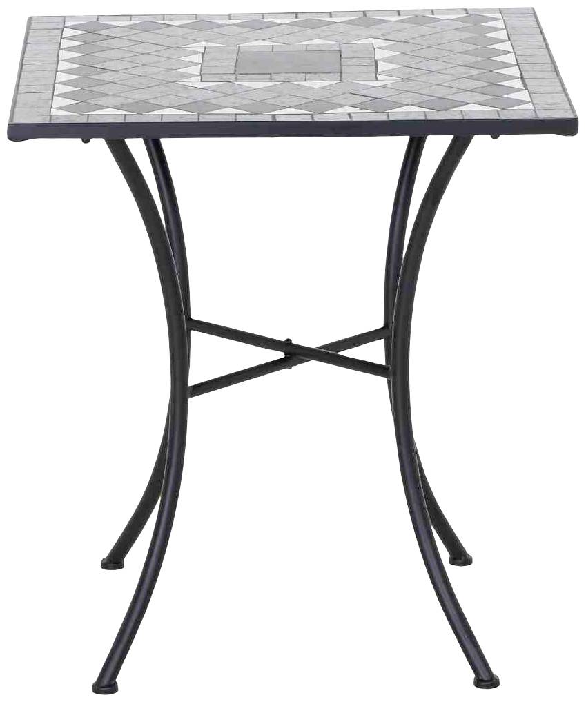 Ein quadratischer Tisch mit Mosaikplatte und schwarzem Metallgestell, dekorativ und passend für Garten oder Balkon.