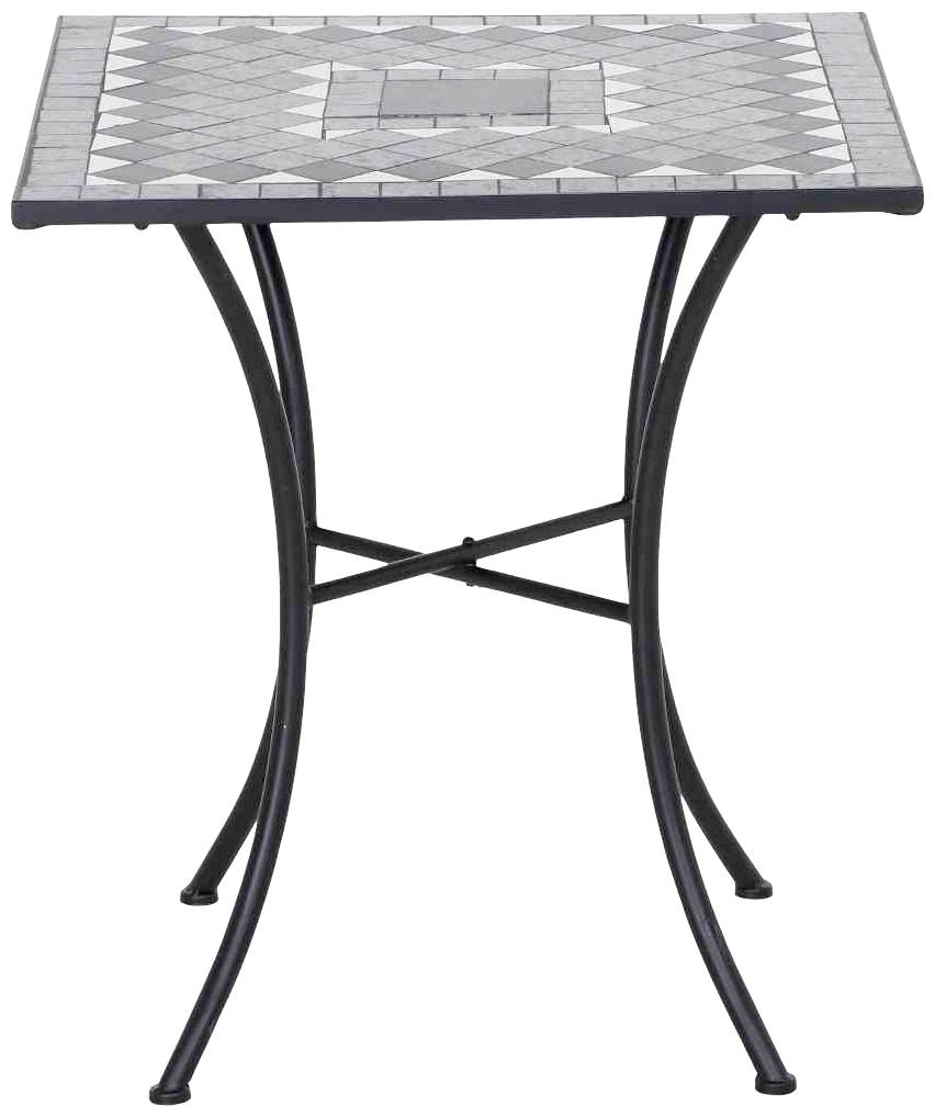 Ein kleiner quadratischer Tisch aus Metall mit Mosaikfliesen auf der Oberfläche und gebogenen Beinen. Ideal für den Außenbereich.