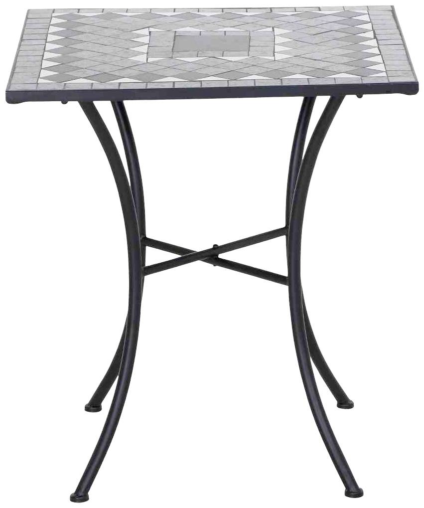 Ein kleiner, quadratischer Tisch mit einem Mosaik-Design auf der Oberfläche und gekreuzten Metallbeinen.