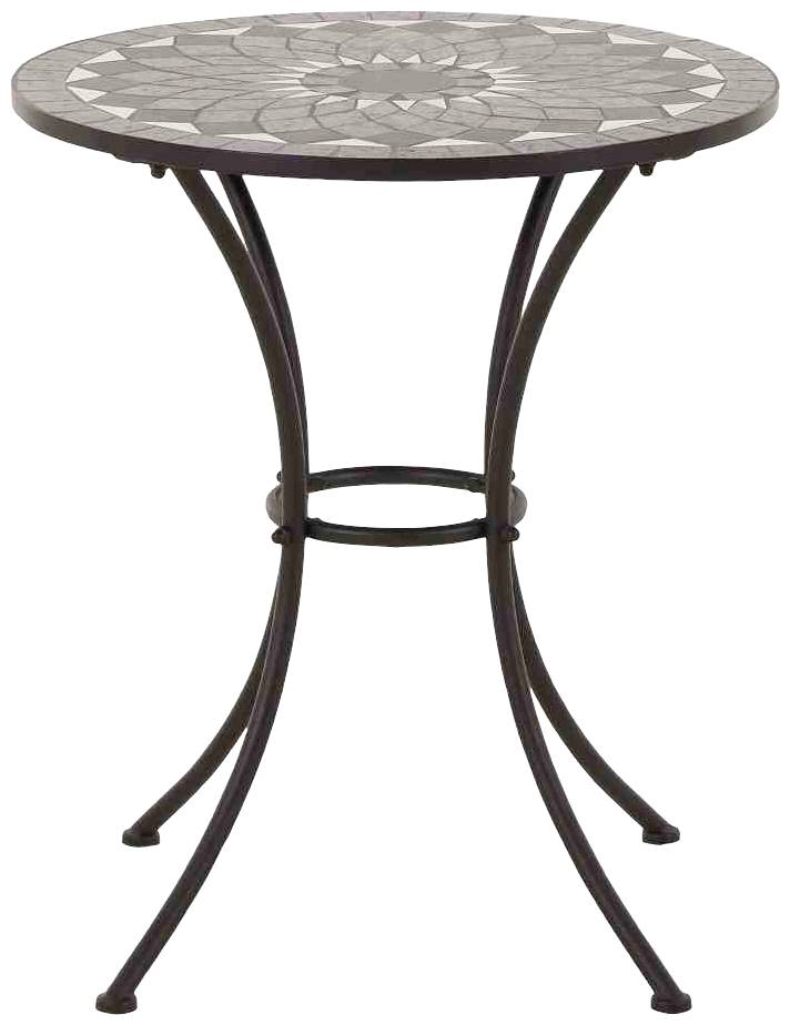 Runder Metalltisch mit Mosaikplatte und gebogenen Beinen, geeignet für den Außenbereich.