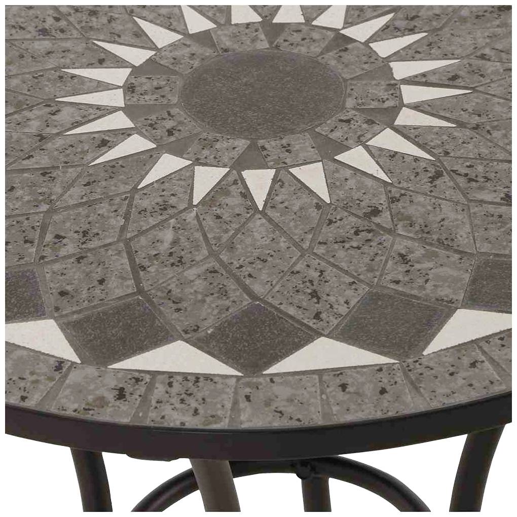 Runder Tisch mit Mosaikdesign in Sonnenmuster, dunkelgrau und weiß, auf Metallgestell.