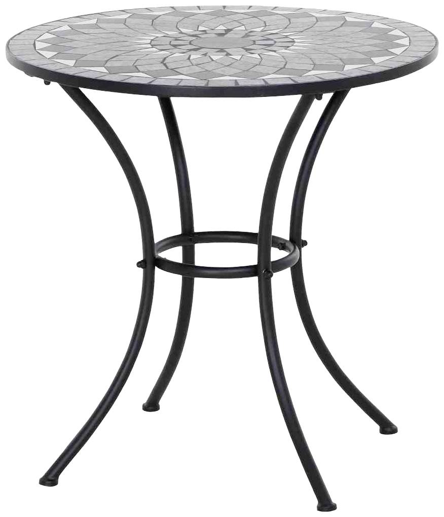 Runder Tisch mit Mosaikplatte auf schwarzem Metallgestell.