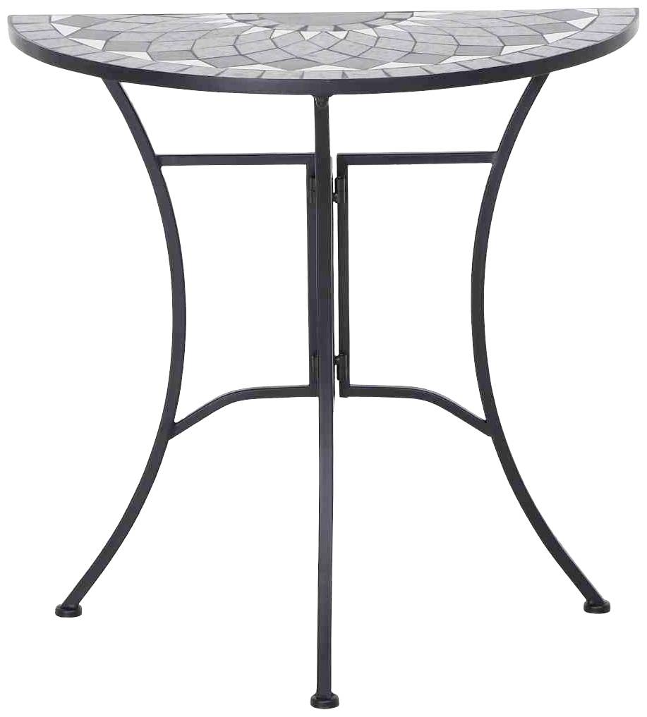 Kleiner halbrunder Tisch mit Mosaikoberfläche auf drei geschwungenen Metallbeinen, geeignet für kleine Räume oder als Dekoration.