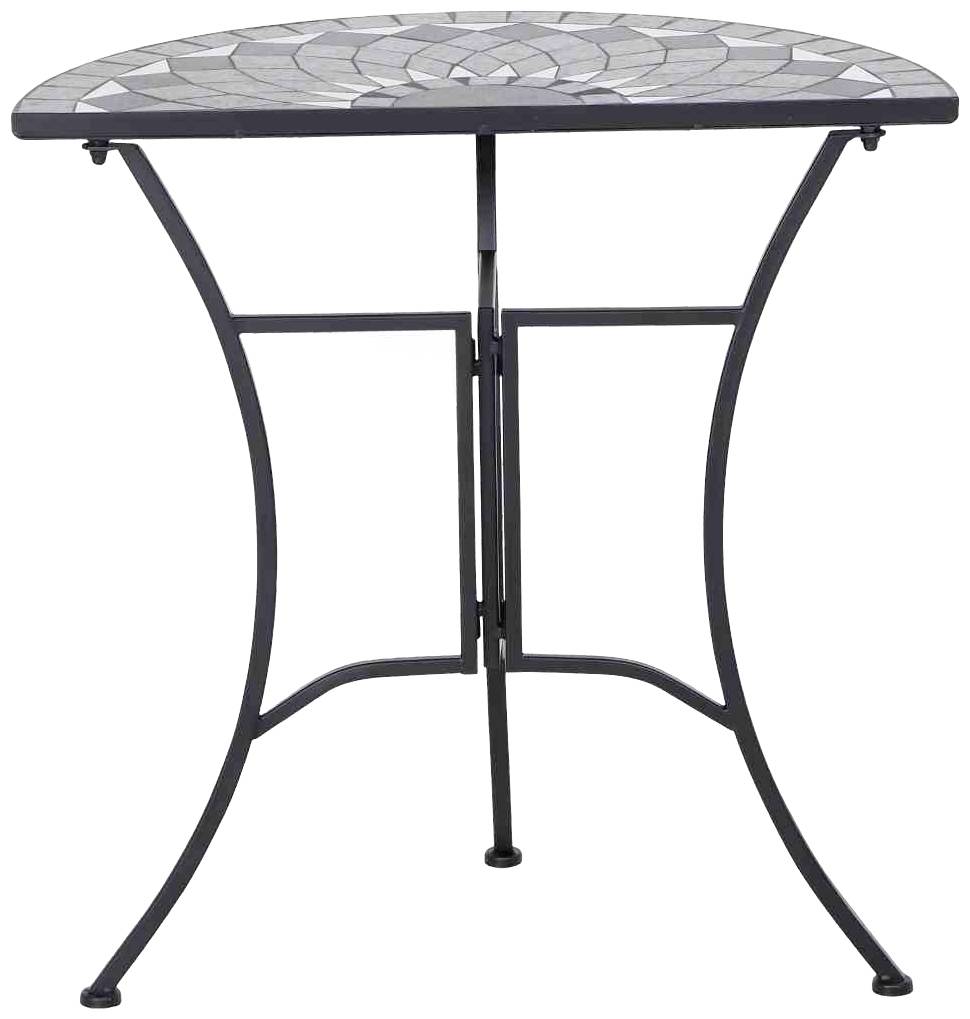 Ein kleiner runder Tisch mit mosaikartig verziertem Metallgestell und schwarzer, dekorativer Fliesenoberfläche.